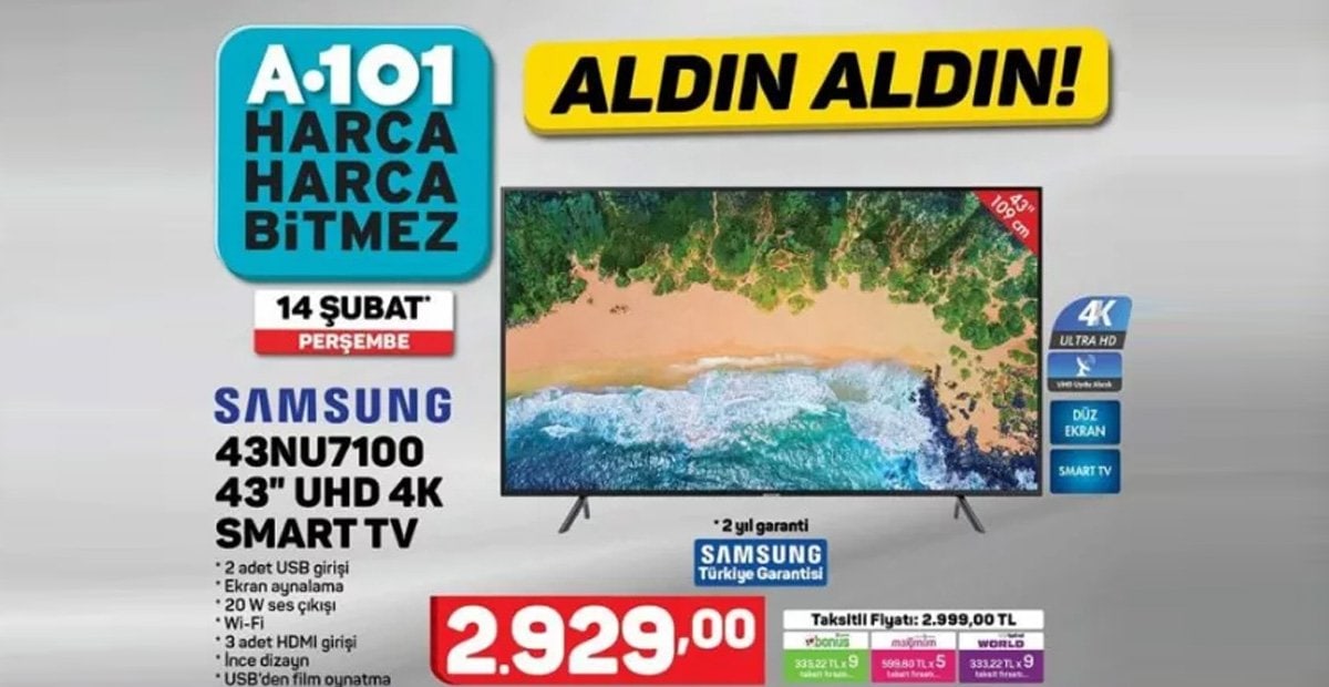 ikinci olarak Duygu İftira  A101 aktüelde bu hafta Samsung 43NU7100 Ultra HD 4K Televizyon var! A101  aktüel 14 Şubat kataloğu - SON TV